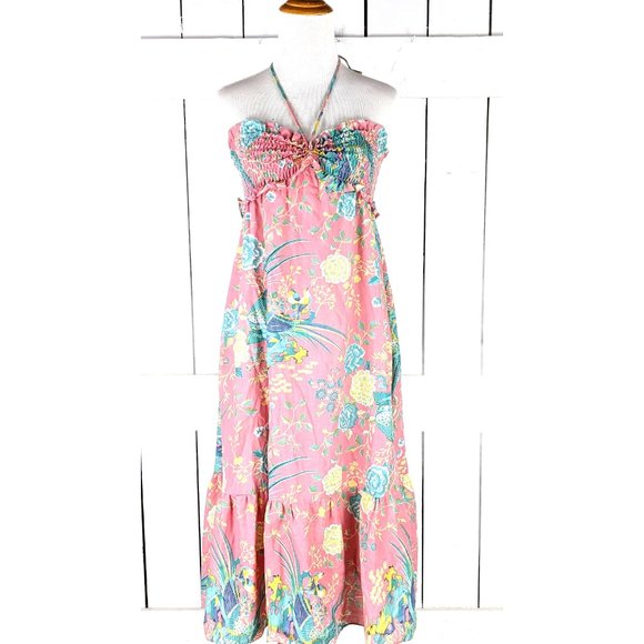 Vintage dusty peach pink floral rushed halter top ruffle dress - Picture 2 of 5